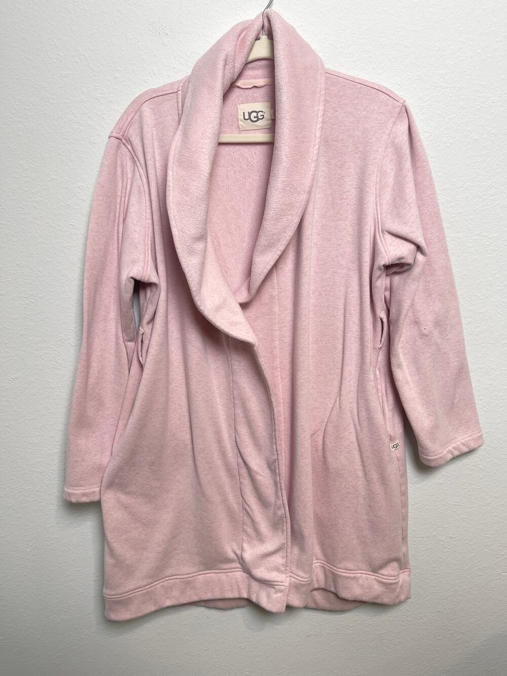 UGG Pink Plush Shawl Collar Cardigan Robe Open Front Cozy Lounge Size L No Tie